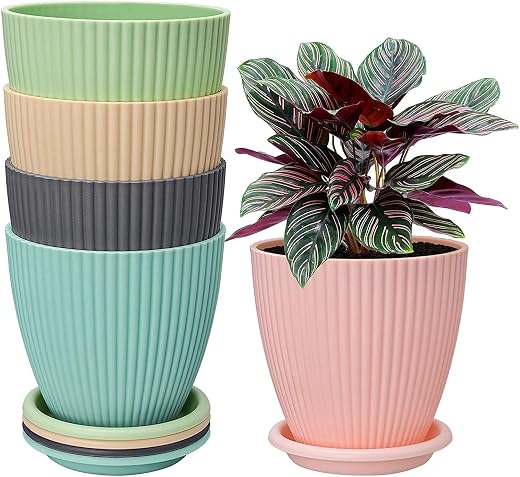 INKULTURE Plastic Round Flower Pot with Tray | Plant Pot for Home, Terrace, Garden Etc | Planter | Pack of 05 | Multicolor...