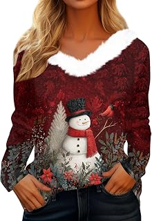 Christmas Shirts for Women - Xmas V Neck Fur Trim Sweaters Casual Loose Sweatshirts Funny Holiday Party Pullover