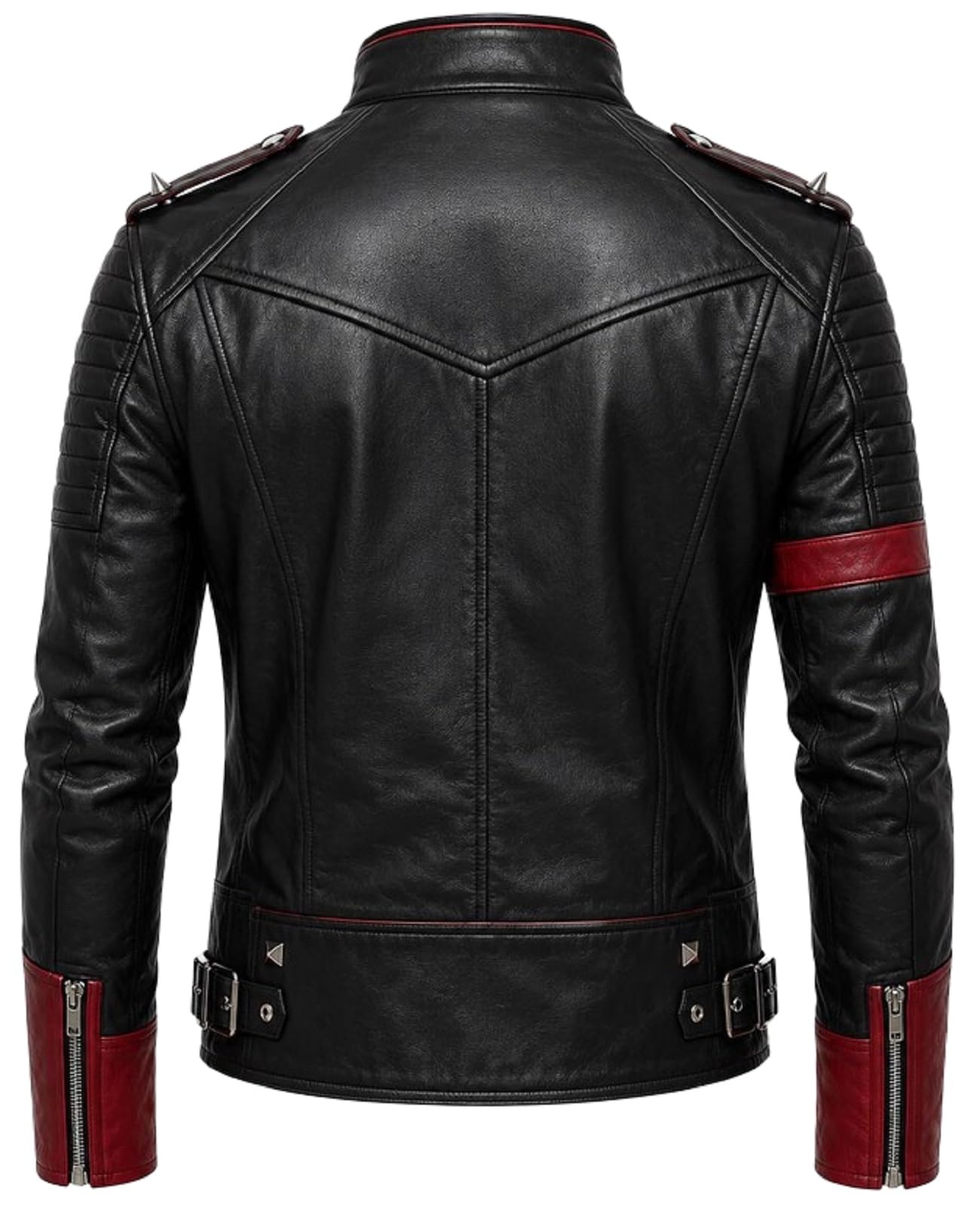 Giacca da uomo in pelle rossa e nera ispirata alla pop star, stile punk rock, con borchie, abbigliamento da motociclista