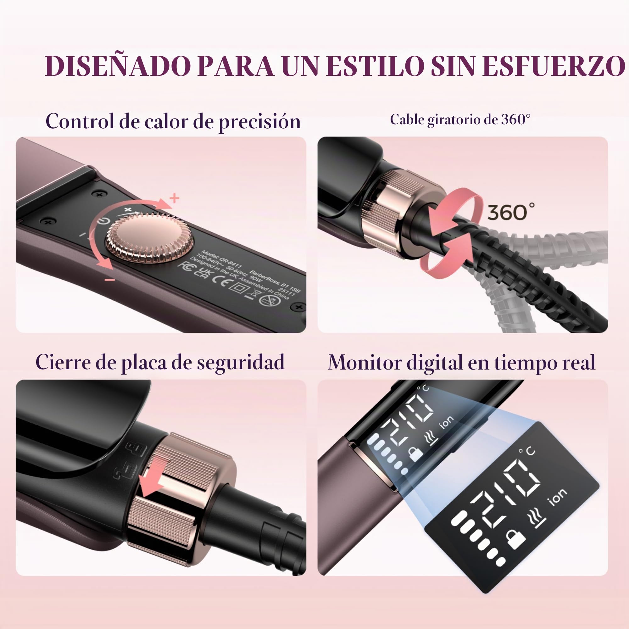 BarberBoss Plancha de pelo profesional de cerámica con placas móviles, tecnología de iones y queratina para todo tipo de cabello, alisador de peluquería (QR-8411, morado)