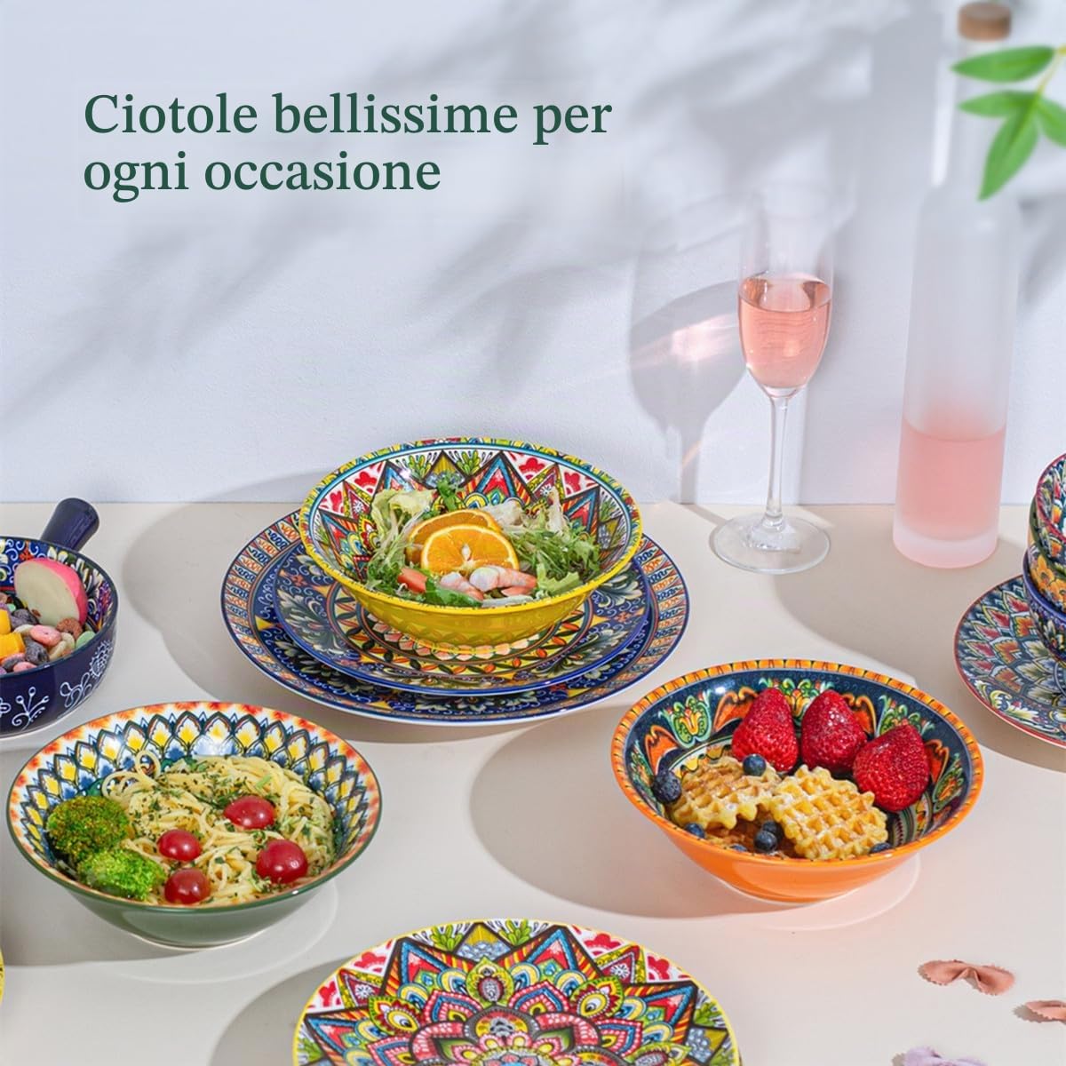 Henten Home Ciotole per Zuppa, Piatti Fondi Colorati in Ceramica - 900ml - Set di 6, Ciotole per Zuppa/Grandi Insalatiere Adatti al Forno a Microonde e Lavastoviglie - Stile Boho