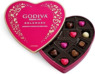 Godiva Goldmark Heart Chocolate Box, Assorted Milk, White and Dark Chocolates, Elegant Valentine’s Day Gift Tin, 14 Pc