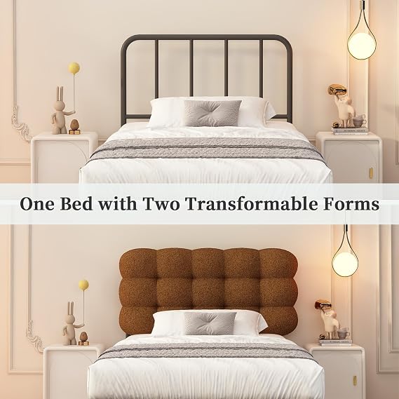 BarnFurin Twin Bed Frame, Soft Teddy Cloud Boucle Headboard, Brown