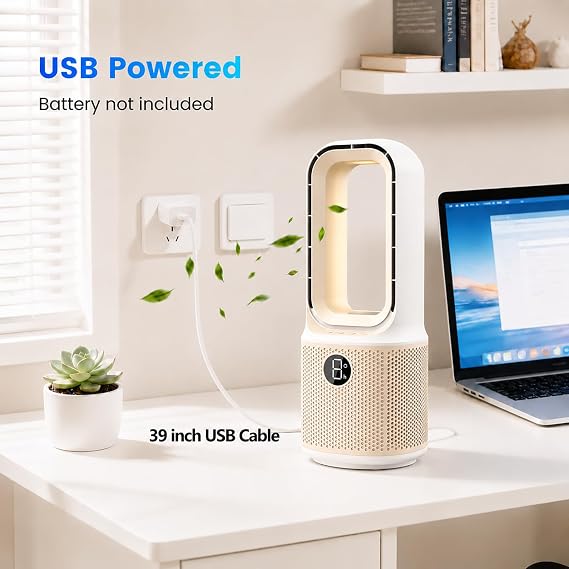 Misby Desk Fans Small Quiet, 13 Inch Bladeless Table Fan, 5 Speeds for Powerful Airflow, 70 Oscillating Fan with Night Light and Timer, Desktop Cooling Fan for Bedroom, Office, Nightstand