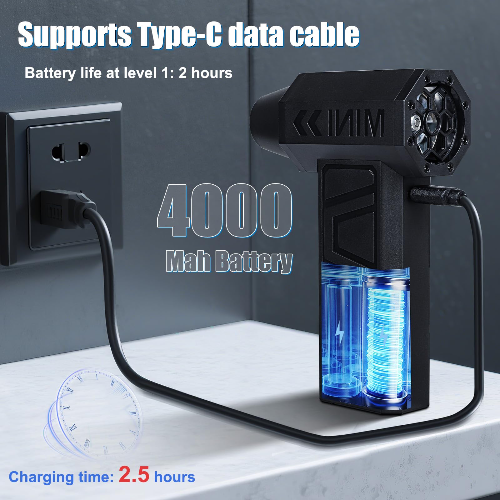 Romon Soplador de Polvo Eléctrico 105000RPM, 3 Velocidades Recargable Aire Comprimido Limpieza PC Potente con Batteria Limpiadores de Aire a Presión para Electrónicos Laptop Teclado Casa Coche