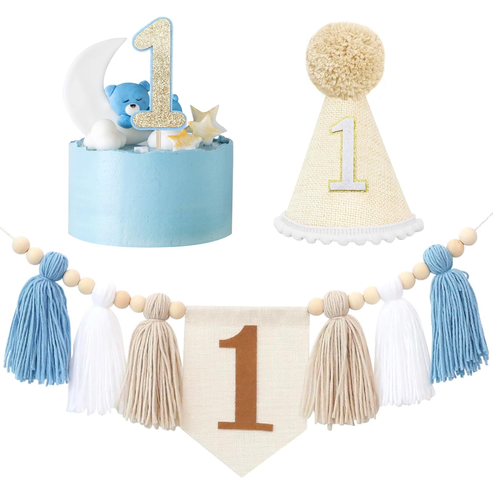 1st Birthday Party Decorations Set for Girls Boys - High Chair Banner with Tassels, Crown Hat, Cake Topper for Baby Shower Party Supplies