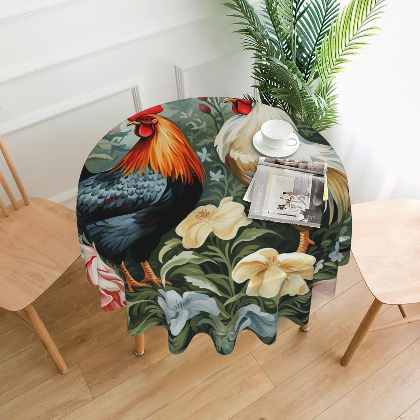 Fodpand Black Rooster Tablecloths For Round Tables 60 Inches - Reusable And Washable Kitchen Table Clothes Decorative Table Cover For Dining Tables, Buffet Parties, Wrinkle Resistant