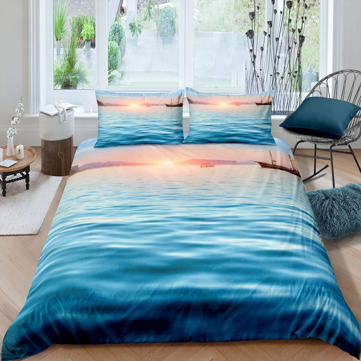 Loussiesd Girls Multi 3 Ocean Theme Bedding Set Women Sea Sunset Scenery Duvet Cover For Kids Women Nautical Sailboat Comforter Cover Chic Blue Marine Bedspread Cover Bedroom Decor Quilt Cover 3Pcs King Size