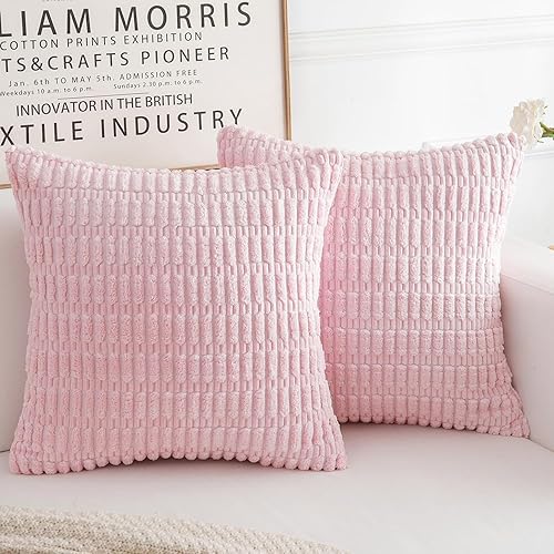 Corduroy Decorative Throw Pillow Covers, Boho Stripe Soft Square Cushion Case Home Decor for Living Room Couch Bed Sofa, Set of 2 Pack, Pink, 18x18 Inch