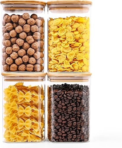 Tarros cuadrados de vidrio para almacenamiento de alimentos, 37 onzas, paquete de 4 tarros de vidrio con tapas de bambú, recipientes de