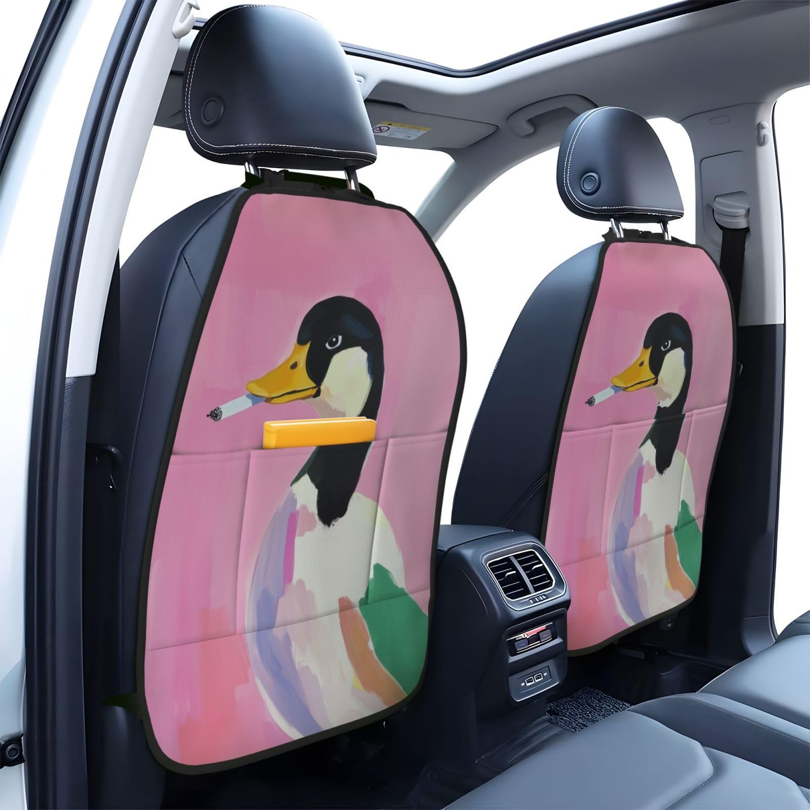 Duck Smoking Funny Car Seat Back Kick Protectors,2 Pack Kick Mats with Storage Pockets for Vehicles to Protect from Dirt Mud Scratches