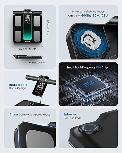 Miniatura 9 de Báscula para peso corporal 8 electrodos de doble frecuencia Medición BIA Báscula digital de baño con mango Pantalla VA 28 métricas corporales