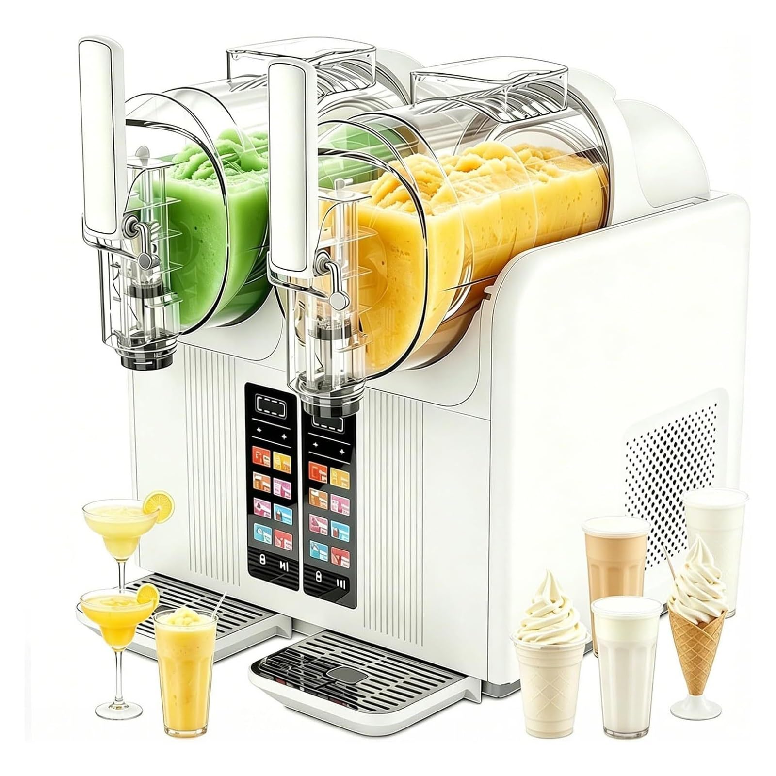 Máquina para hacer granizados de calidad comercial, 430 W, doble depósito de 2 L, enfriamiento rápido, 7 modos preestablecidos, pantalla LED, máquina de helado suave autolimpiante para bebidas ca