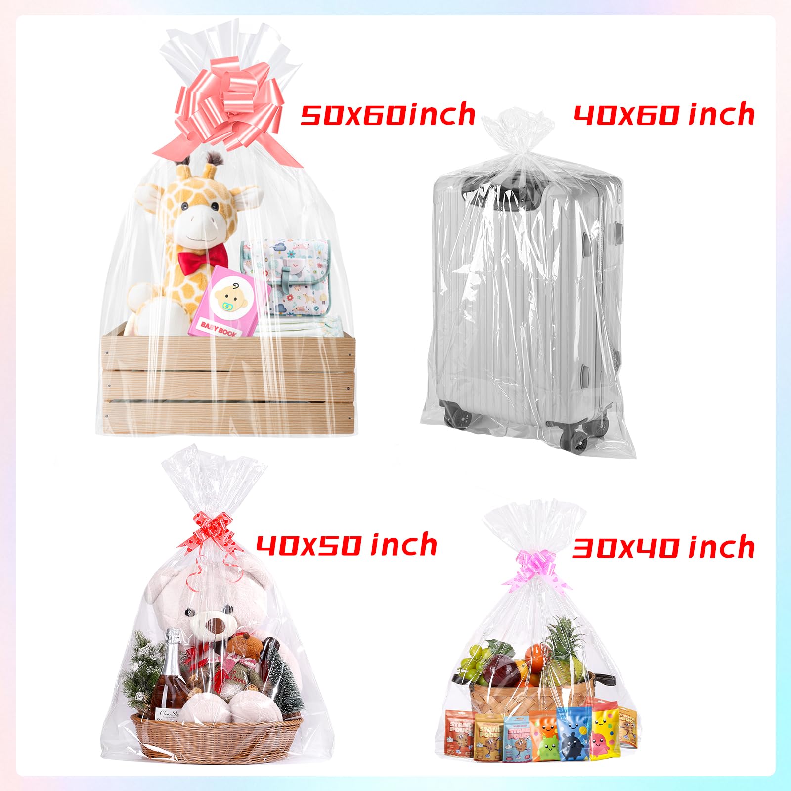 woric 6PCS Jumbo Huge Cellophane Gift Bags 50x60 Inch Extra Large Cellophane Wrap for Bathtub Baby Shower Birthday Graduation Gifts Baskets Stuffers