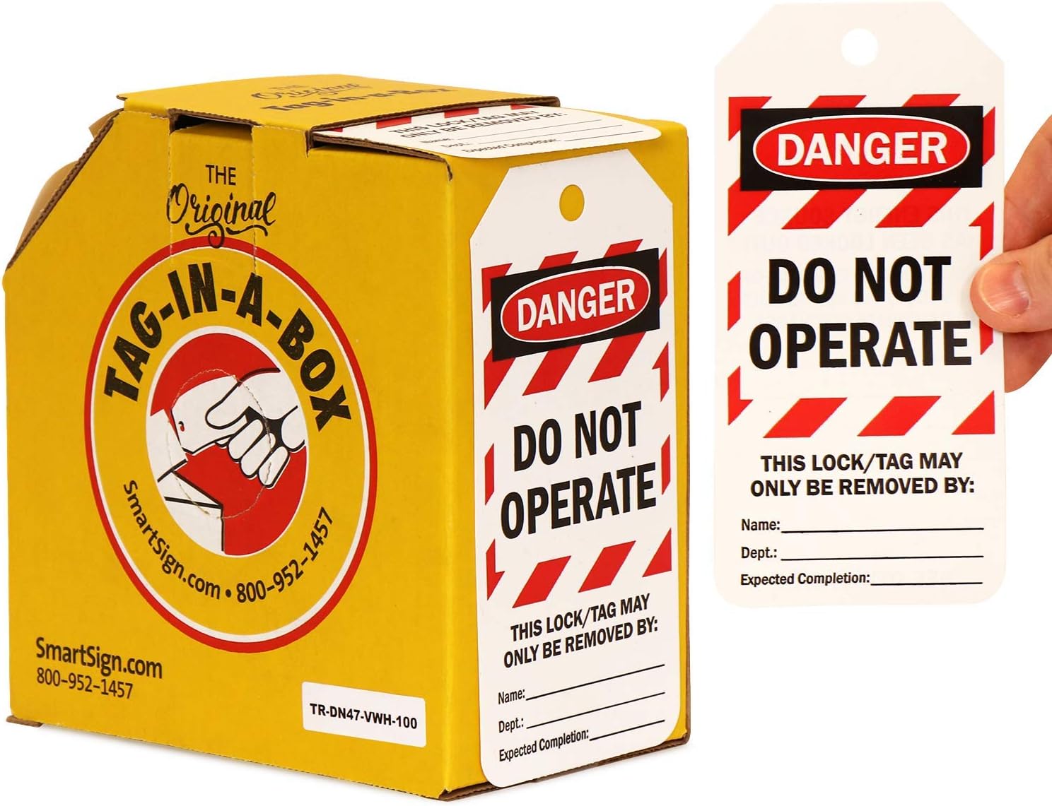 SmartSign Pack of 100 “Danger - Do Not Operate” 2-Sided Lock Out Safety Tags in Dispenser Box | 3" x 6.25" Plastic, Red White Stripes