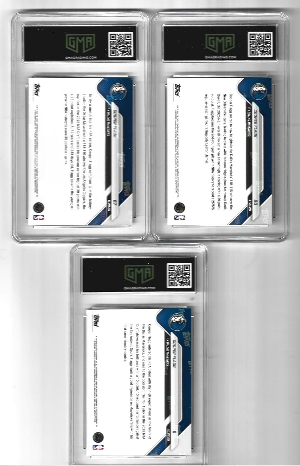 Graded Gem Mint 10 Cooper Flagg 3 Card Basketball Rookie Lot 2025#6,60 and 67 Debut Card, 29 Points and 35 Points Scoring Night Cards Mavericks Superstar! You Will Receive All 3 Cards Shown