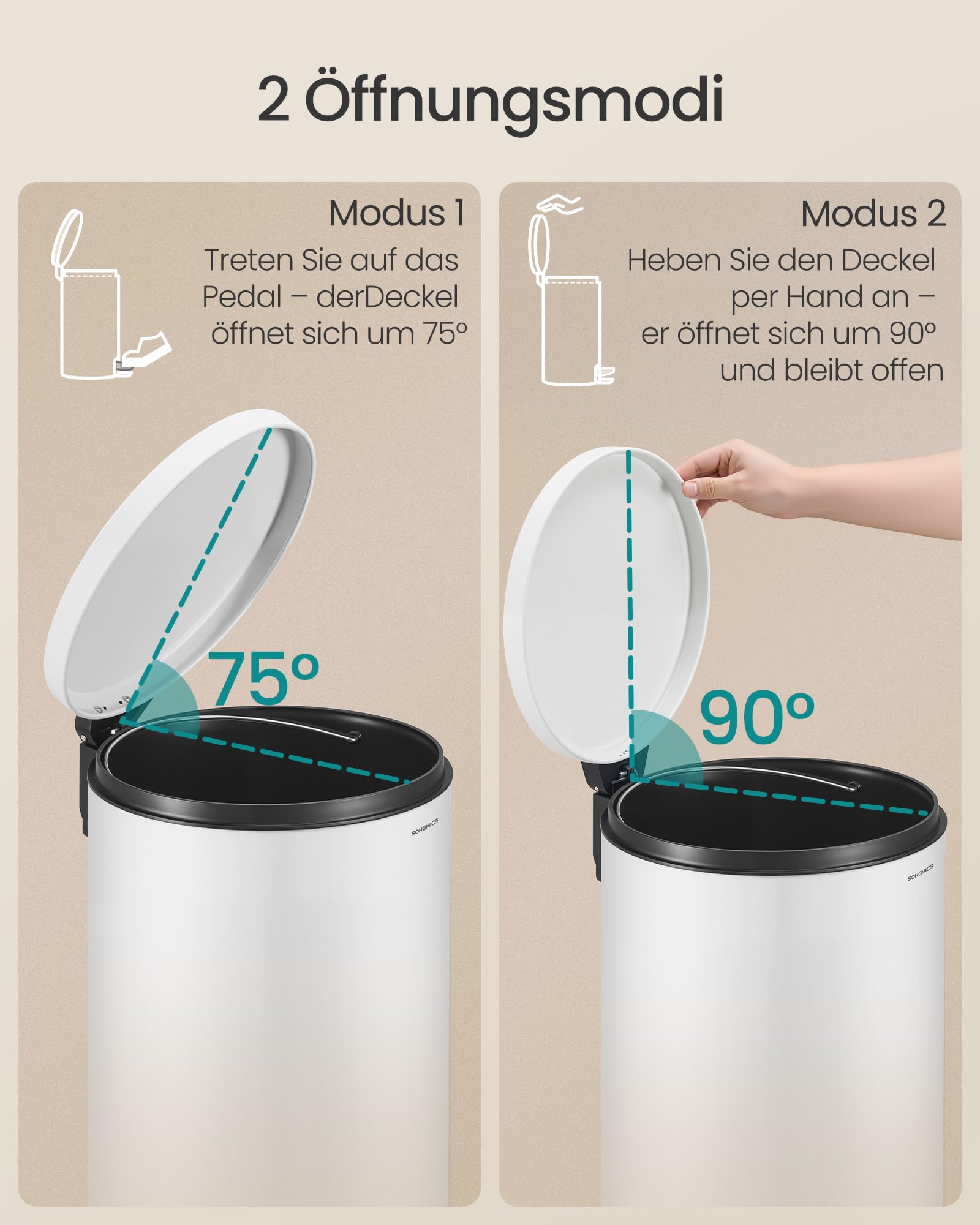 SONGMICS Mülleimer Küche, weiß, 30 L, mit Deckel, Softclose
