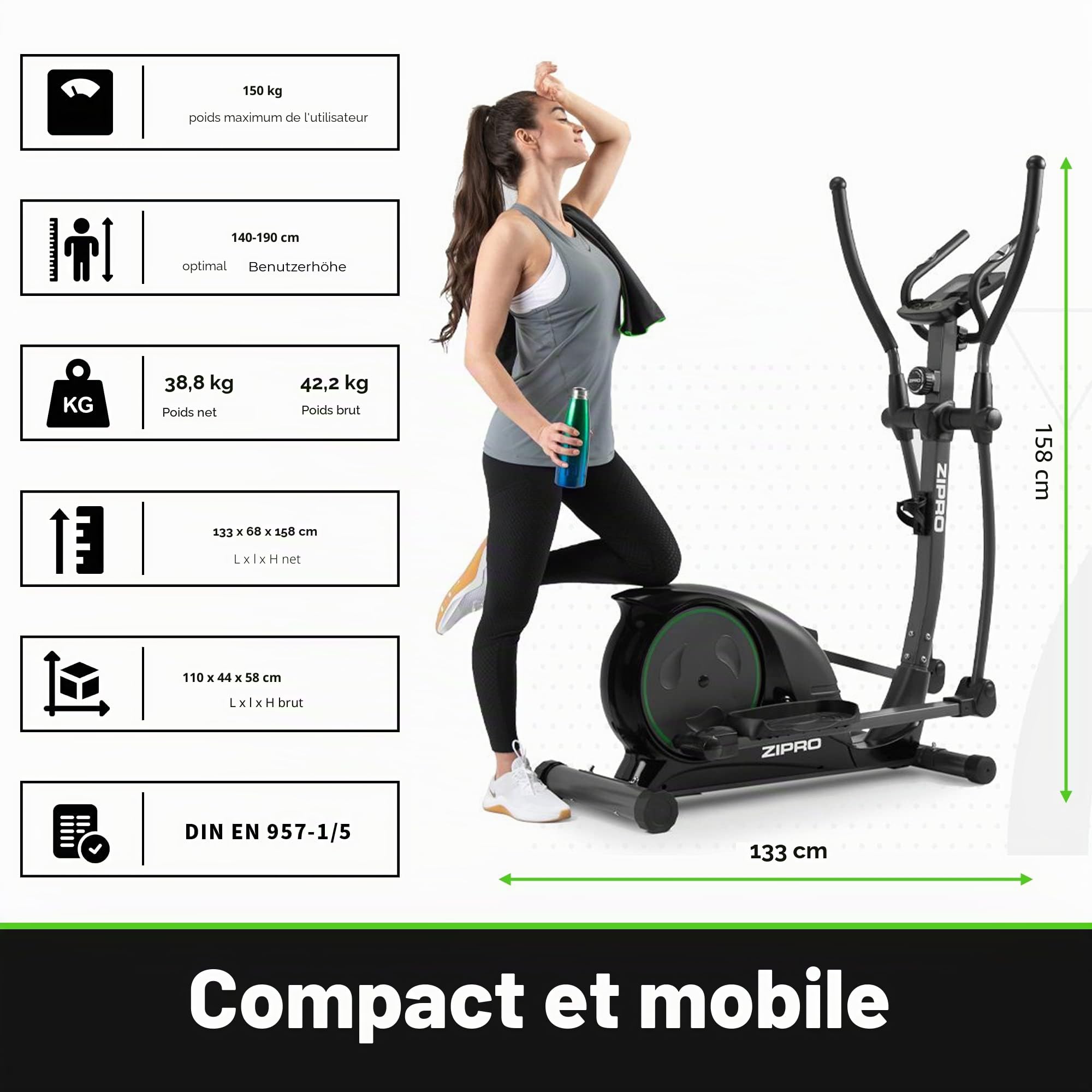 Zipro Crosstrainer Hulk, elliptique jusqu'à 150 kg, équipement d'entraînement Cardio à Domicile, Appareil de Fitness, Machines d'exercice, vélo elliptique, 8 Niveaux de résistance