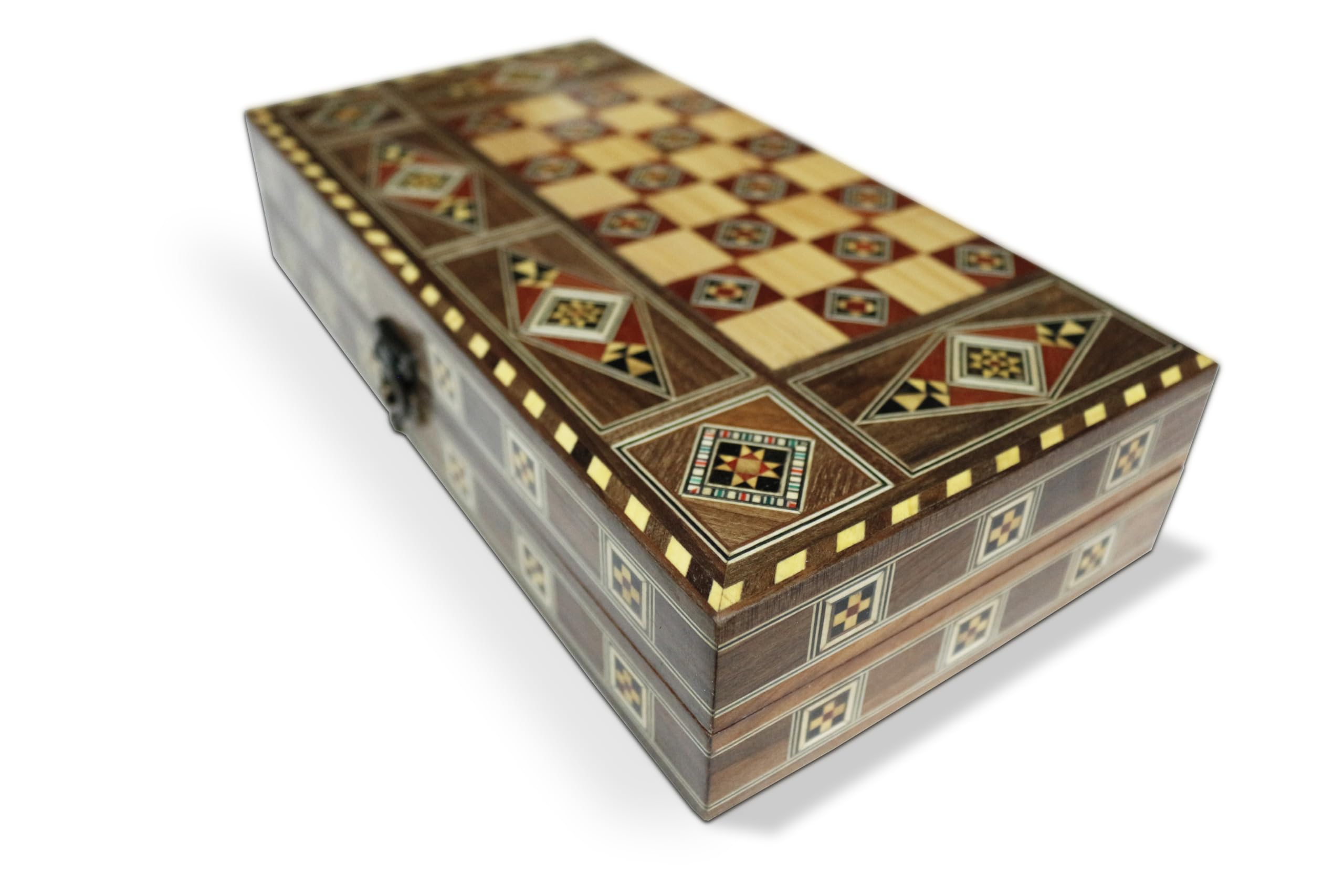 30 x 30 cm in legno Backgammon Tavla/gioco di scacchi/DAMA, Tavla,originale intarsiato artigianato fatto a mano, Brett BK 301F con 30 pietre di backgammon in legno e con statuette di scacchi in