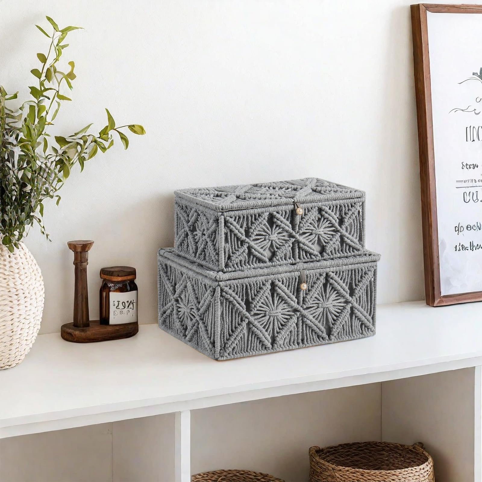 Cestas de almacenamiento decorativas bohemias con tapa, caja de joyería de macramé bohemio, hecha a mano, de cuerda de algodón natural, contenedores de recuerdo, organizador de maquillaje