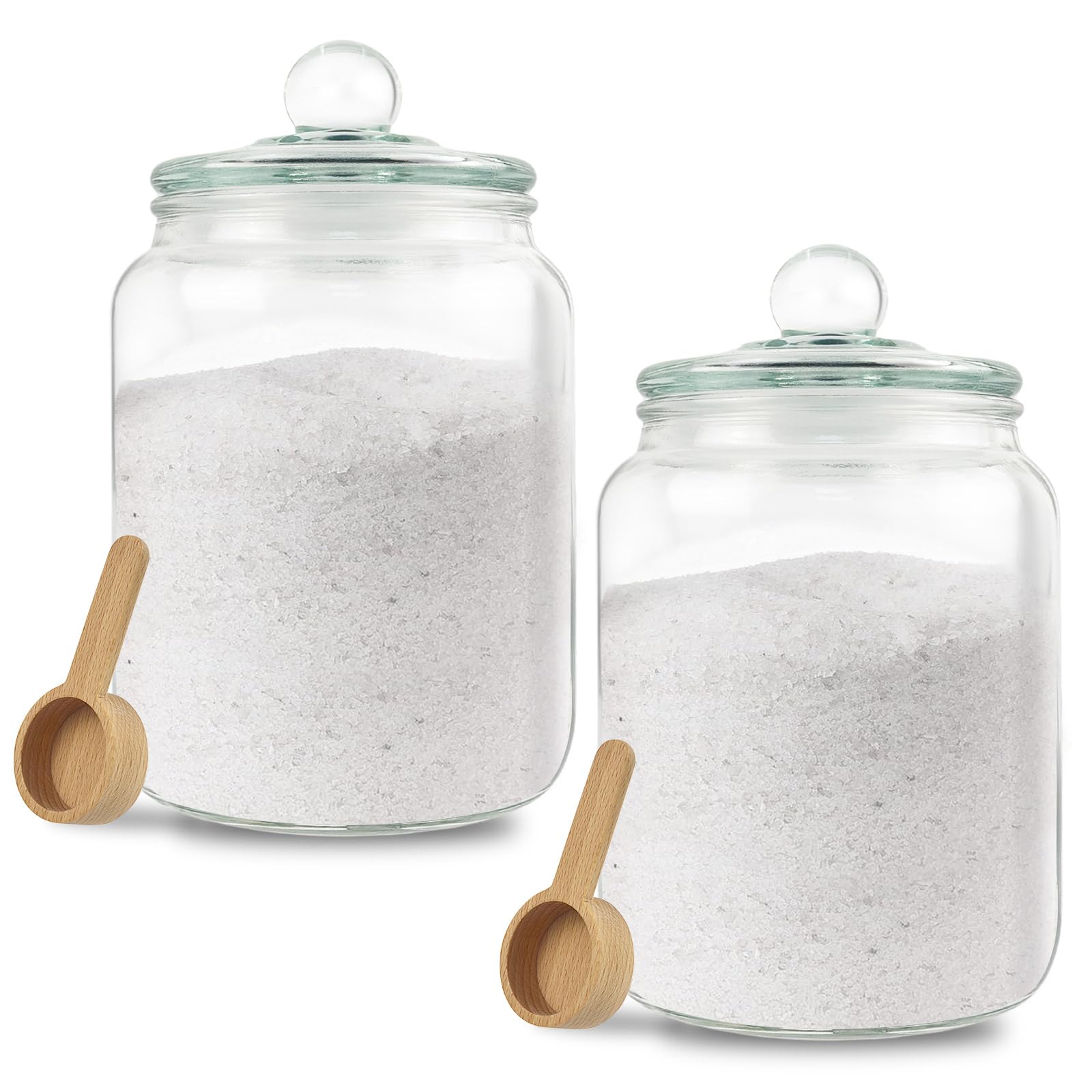 Global BathGlow 70 oz Bath Salt Set - Glass Jar with 2 Wooden Scoop & Airtight Lids, 2 Large Storage Canisters for Salt, Candy, Tea, Bath Decor
