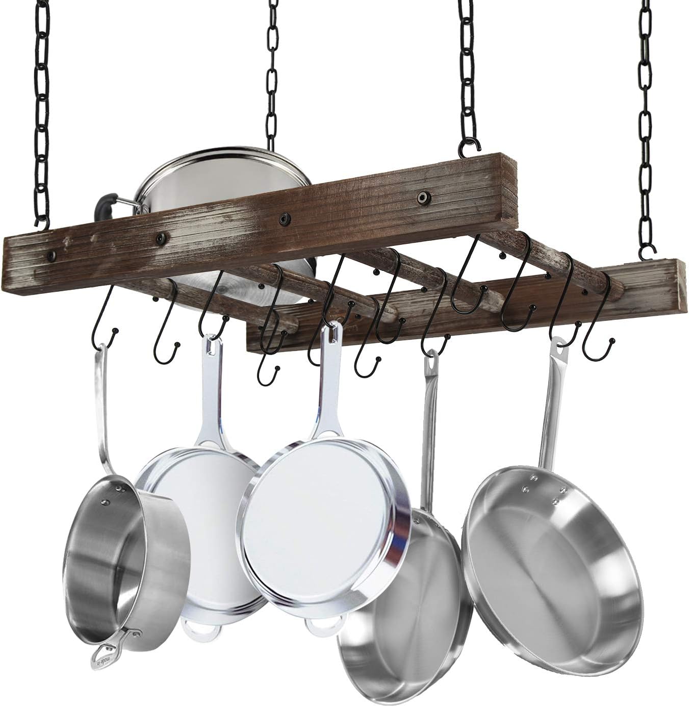 J JACKCUBE DESIGN Rustic Wood Pot Pan Rack Ceiling Mounted Hanger Multi- Purpose Wood and Metal Cookware Kitchen Storage Organizer With Utility 16 Hooks - MK603B: Home & Kitchen