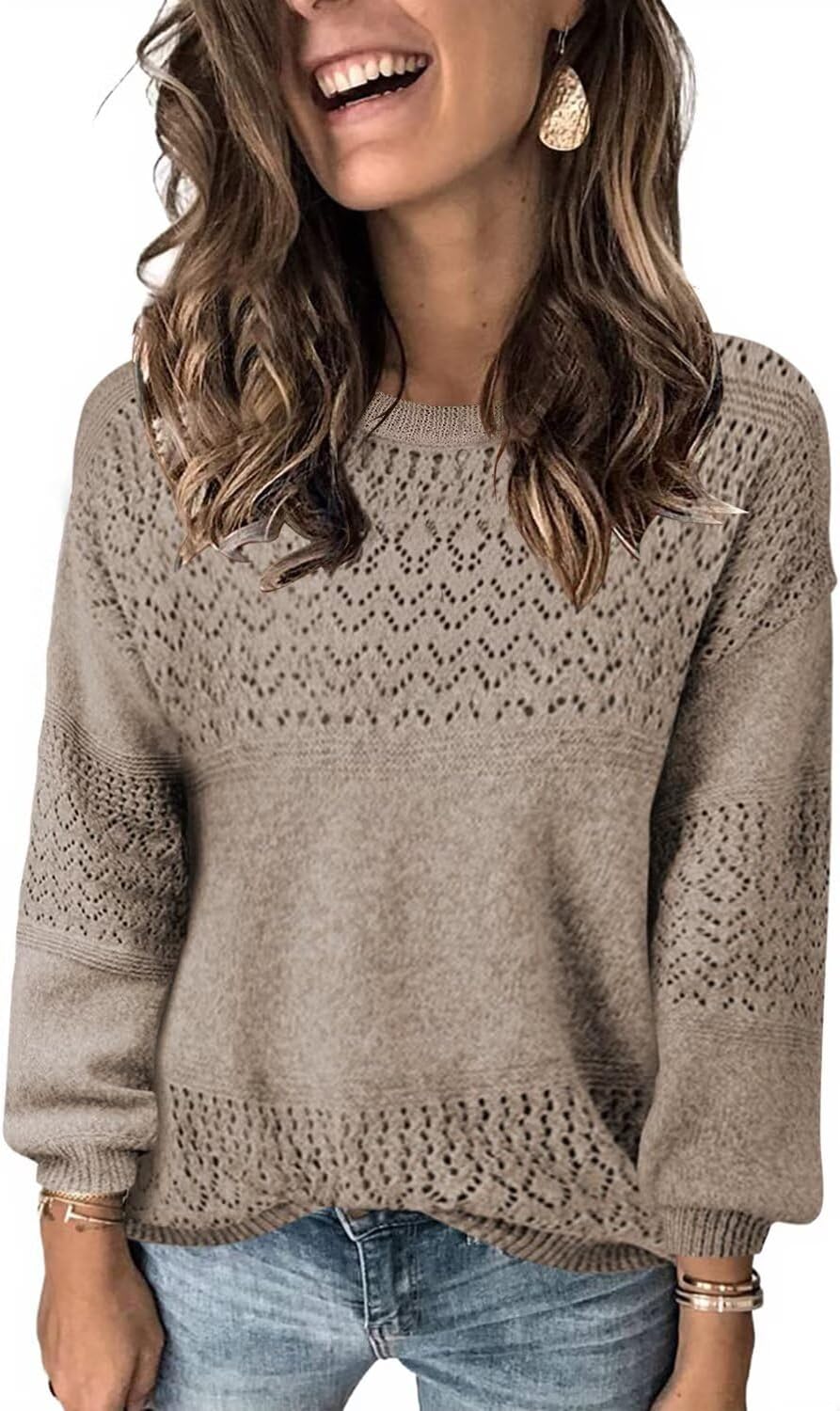 FEKOAFE Womens Sweaters 2026 Fall V Neck Long Sleeve Hollow Knit Pullover Sweaters for Women
