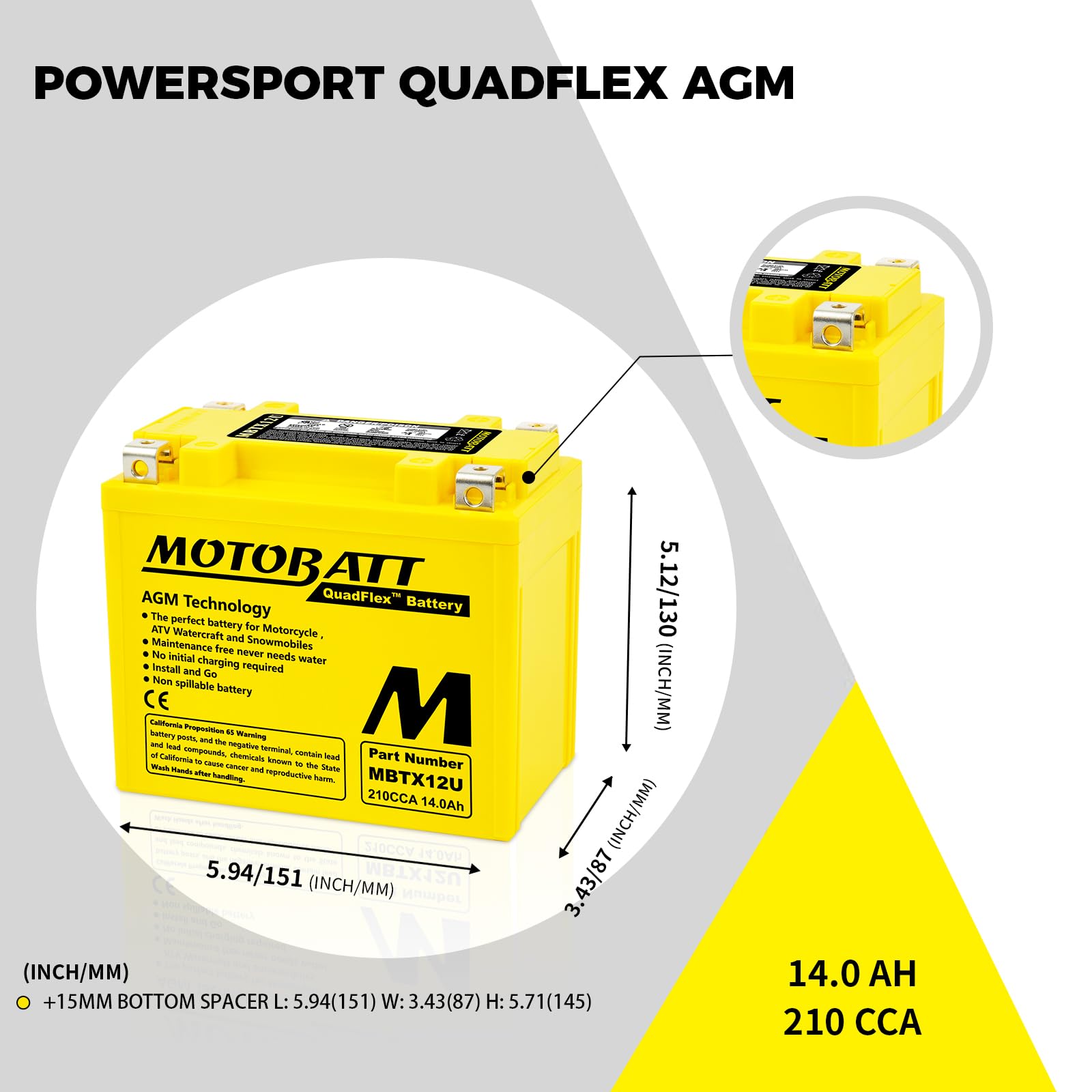 MotoBatt MBTX12U (12 V 14 Amp) 200CCA Factory Activated QuadFlex AGM Battery