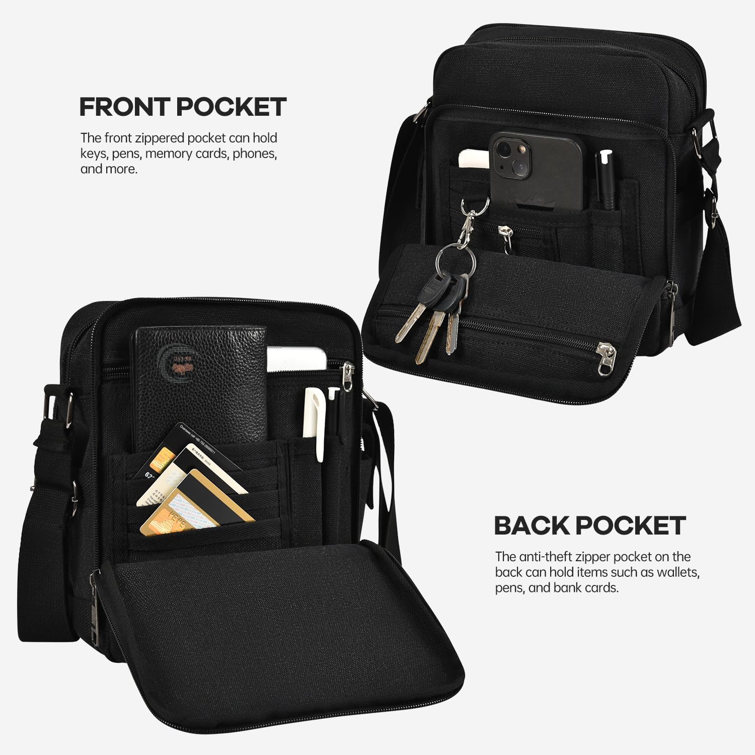 CAAORDKSO Small Messenger Bag for Men Women, Vintage Canvas Messenger Shoulder Bag Travel Crossbody Bag Multi Pocket Purses