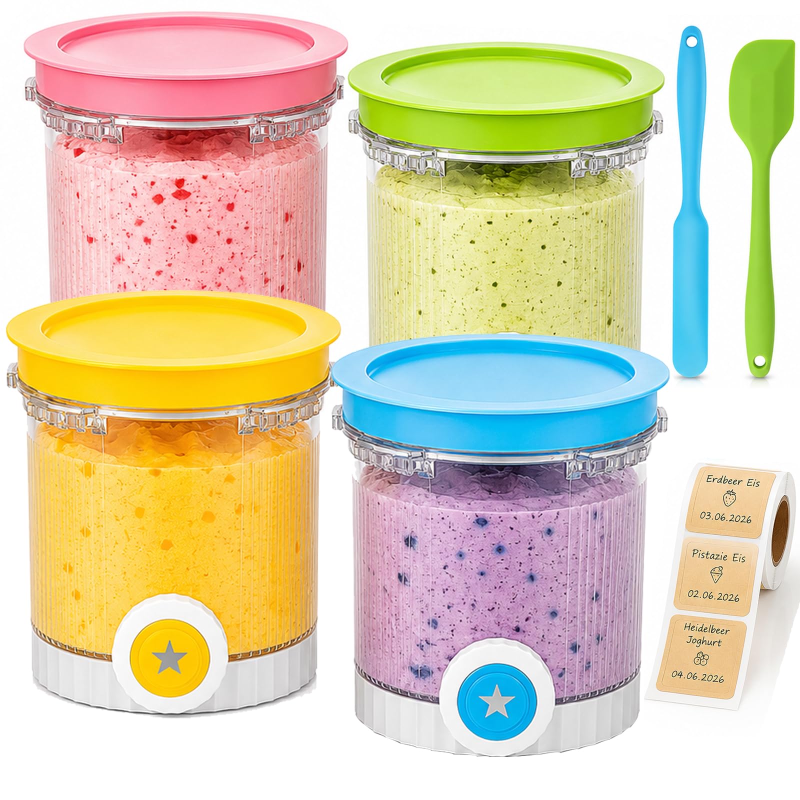 Set da 4 Contenitori Compatibile con Ninja Creami Swirl NC700 NC701EU, 480ml Barattoli per Gelato con 2 Spatole in Silicone e 1 Rotolo di Etichette, Senza BPA e Lavabili in Lavastoviglie