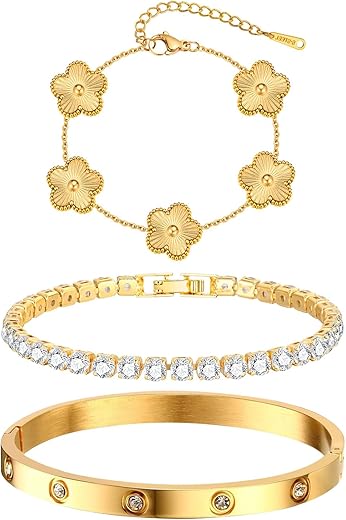 Stackable Floral Gold Bracelet Set for Women