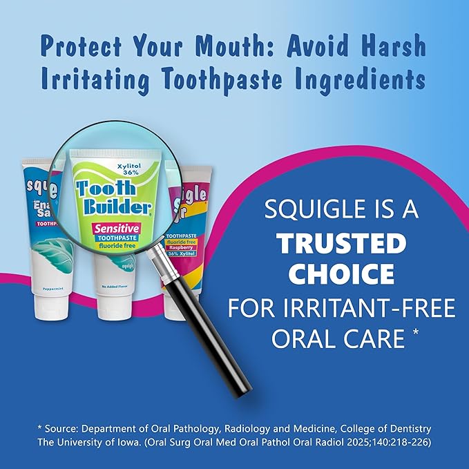 Squigle Tooth Builder Sensitive Toothpaste - 36% Natural Xylitol, SLS Free, Fluoride Free, Prevents Mouth Ulcer, Canker Sore, Bad Breath, Perioral Dermatitis, Chapped Lips, Dry Mouth - 6 Pack