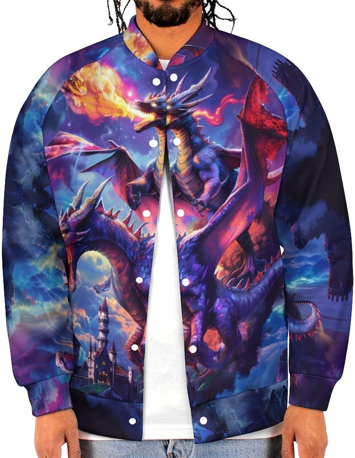 Dragon Night Castle Novelty Men's Baseball Jackets Causal Sweatshirt Button Top Long Sleeve Coat