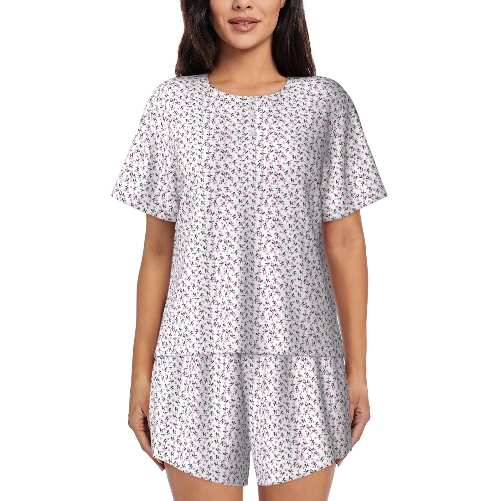 Ayyqwe Women's Black Girly Pink Perfume Bottle And Poodle Print Short Sleeve Pajama Set Lightweight Breathable Sleepwear Everyday Home Wear