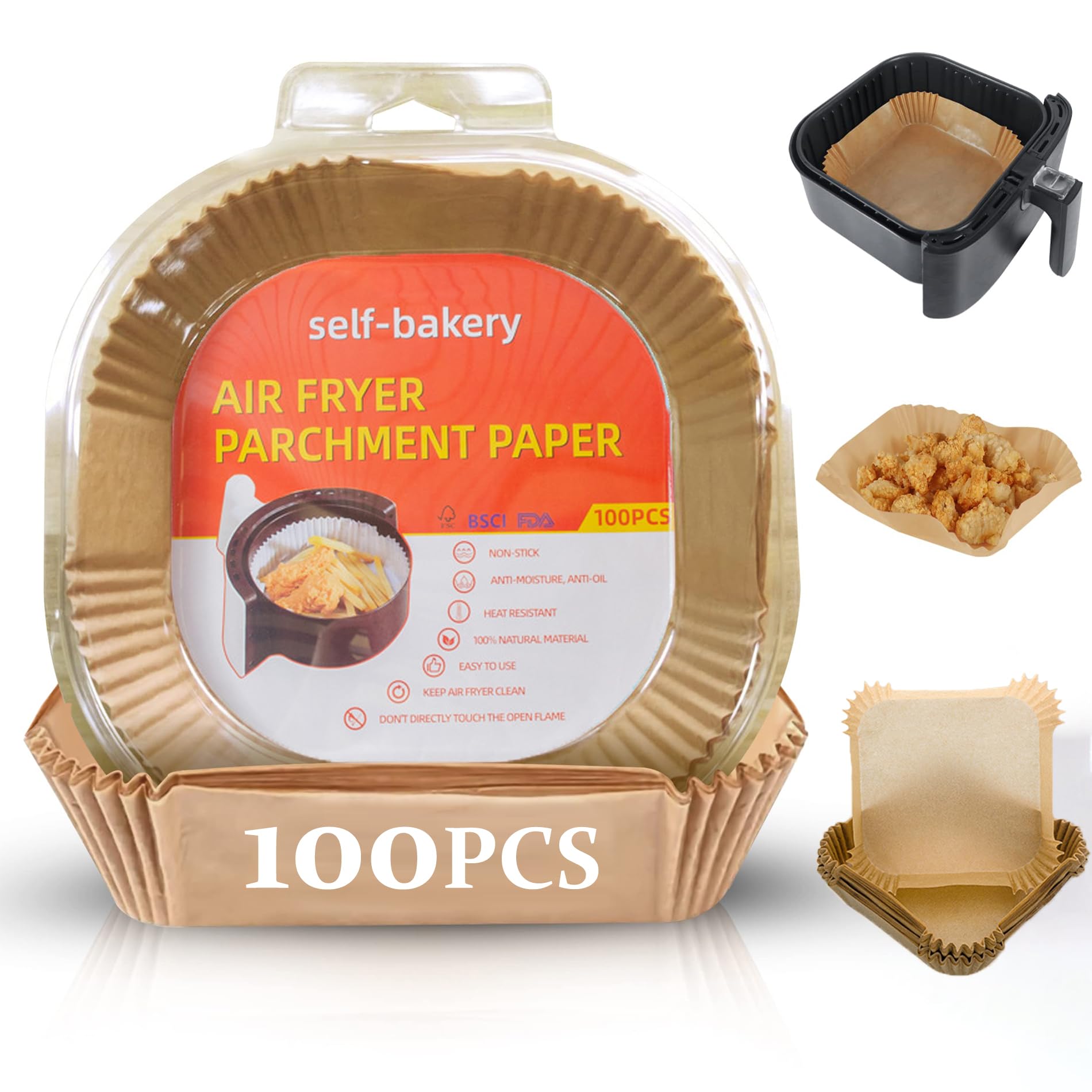 100 PCS Square Air Fryer Liners, Non-Stick Baking Paper, Disposable and Greaseproof Food Grade Parchment Compatible with Square Air Fryer(Unbleached 7.9 inch)