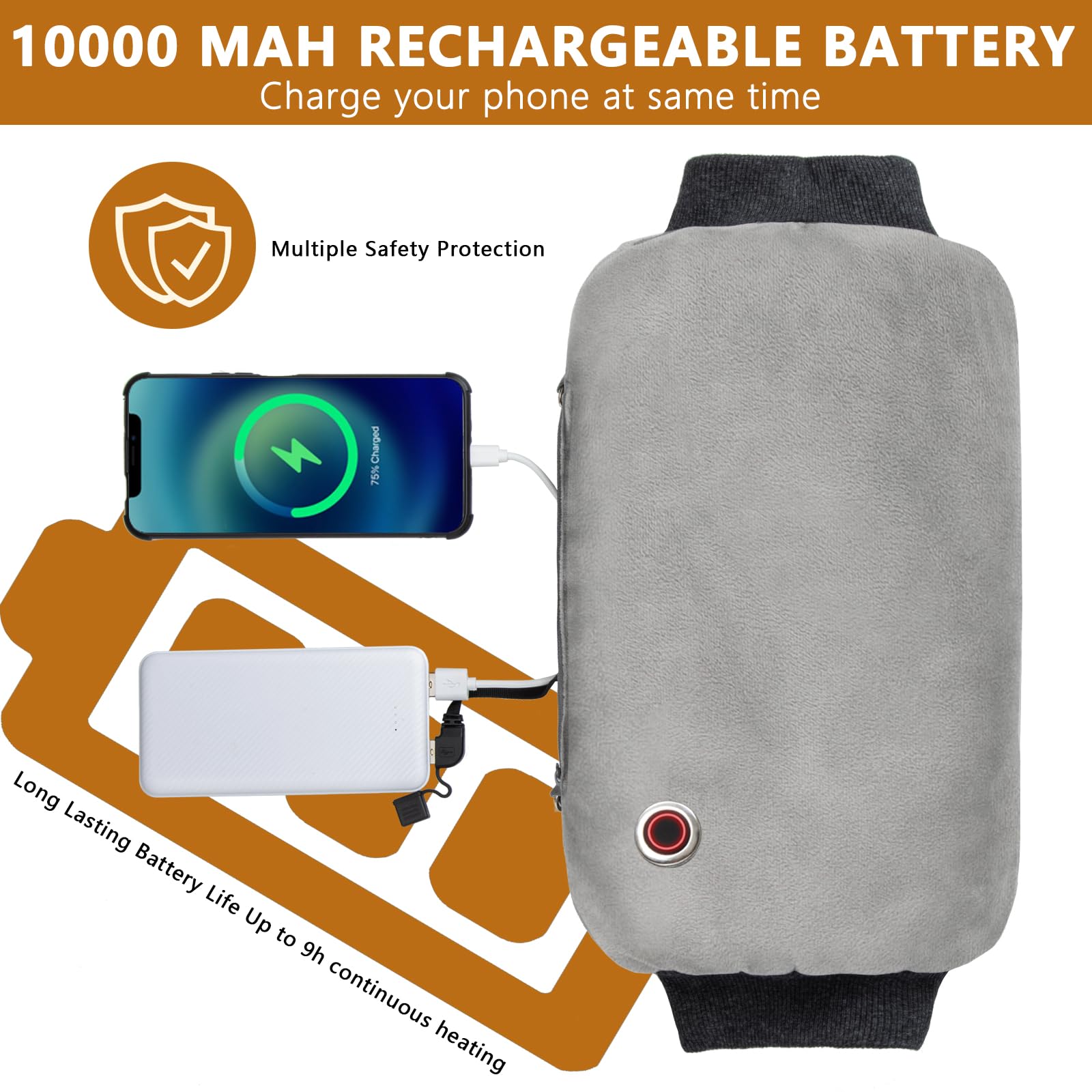 Scaldamani ricaricabili, guanti riscaldati elettrici da 10000 mAh, power bank, portatili, in grafene, con 3 livelli e riscaldamento su entrambi i lati, per caccia, campeggio, regali di Natale per