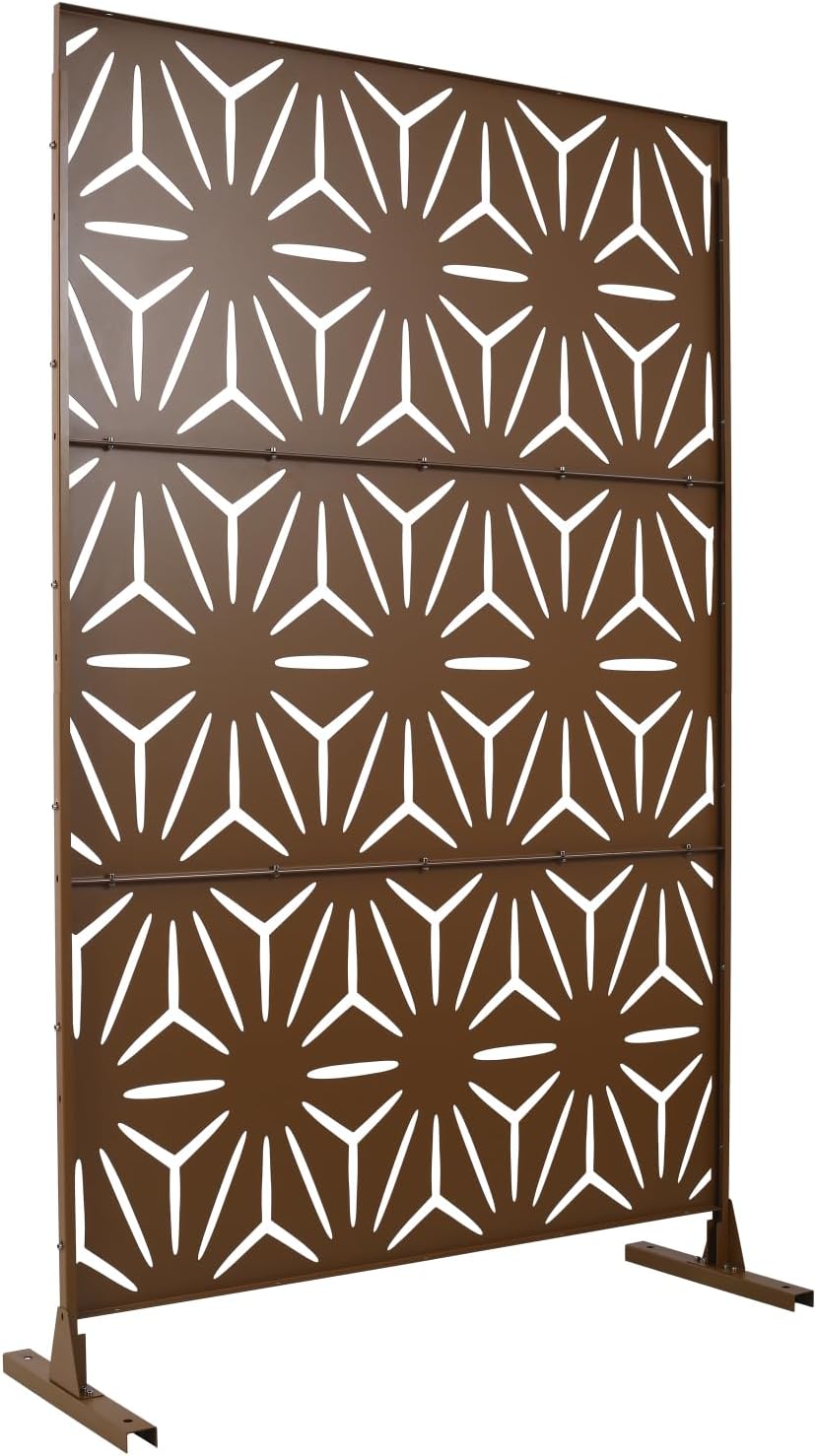 Outdoor & Indoor Privacy Screen - Freestanding Decorative Metal Privacy Fence Panels for Deck Balcony Patio Lawn Garden PS104 Brown
