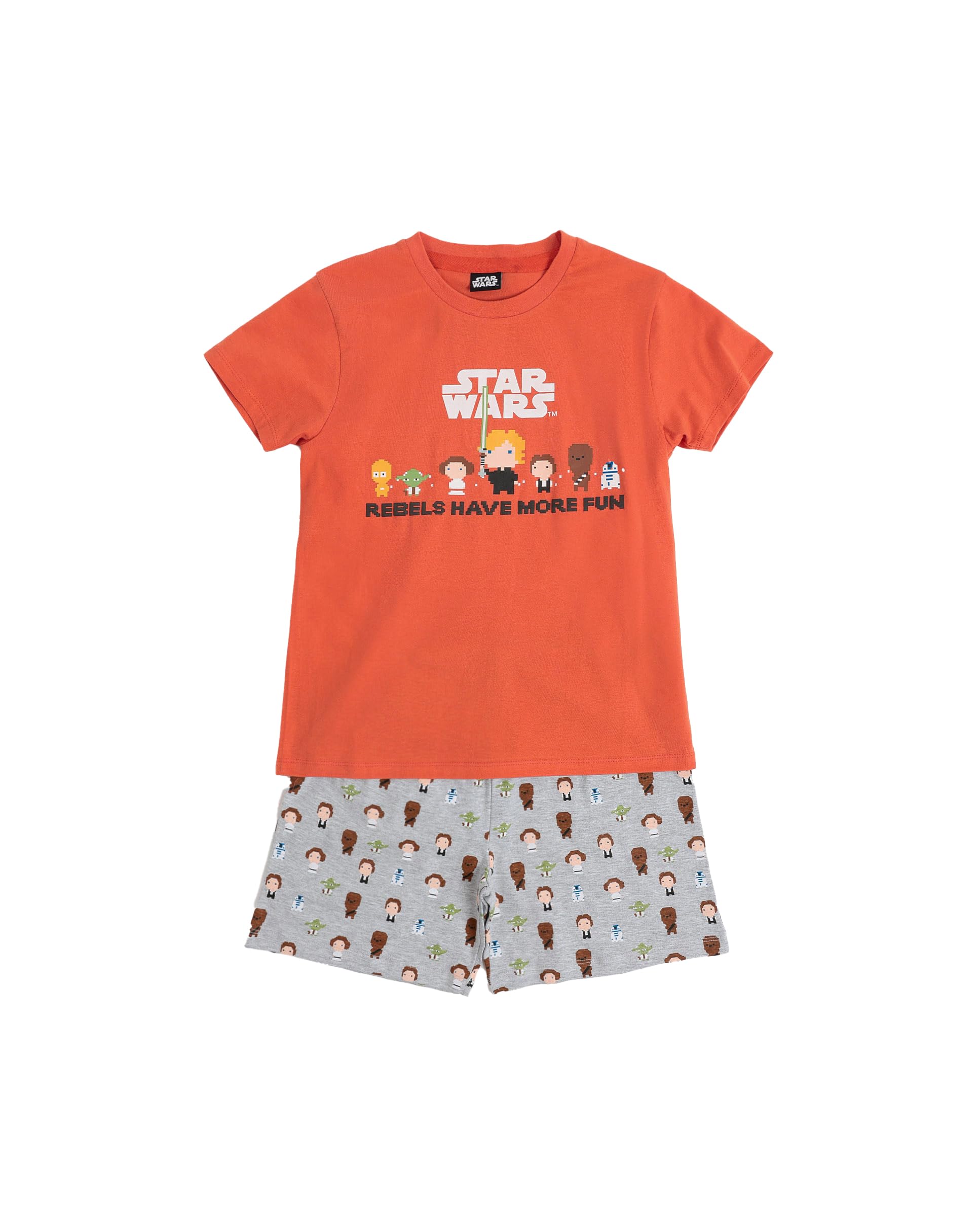 Star Wars Pijama niño Manga Corta Pixel Wars en algodón, Cuello Redondo y Camiseta con Relieve, pantalón Corto Estampado con Cinturilla Ajustable y Bolsillo Trasero