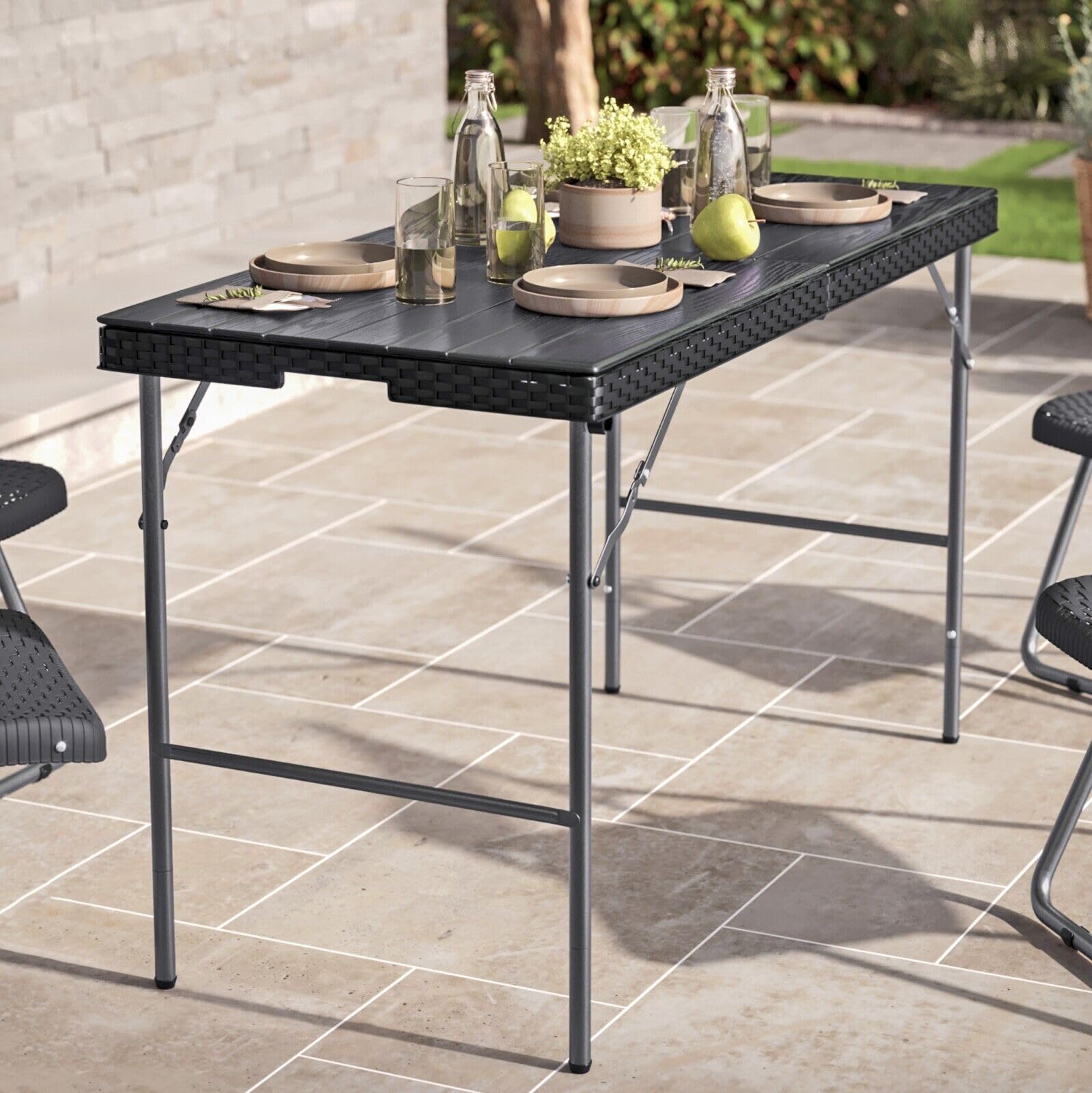 URBN GARDEN4ft Black Rattan Design Folding Table Outdoor Portable Carry Handle Perfect for Garden and Patio Gatherings