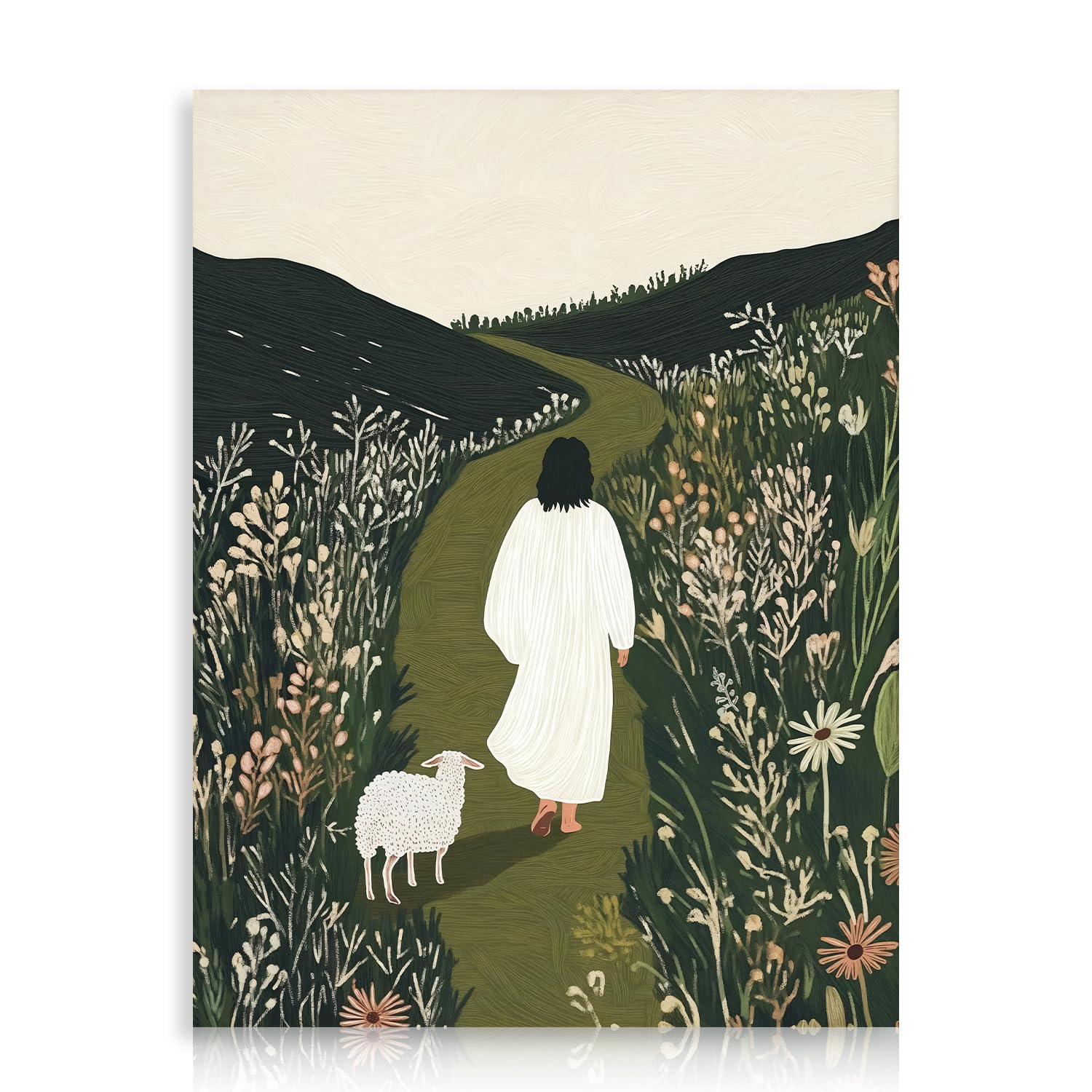 Dazzlewall Sage Green Christian Wall Art Decor, Jesus & Lamb Walking in Field Artwork Print Religious Canvas Painting for Church Bedroom Prayer Room, 12x16 in Unframed — image 1