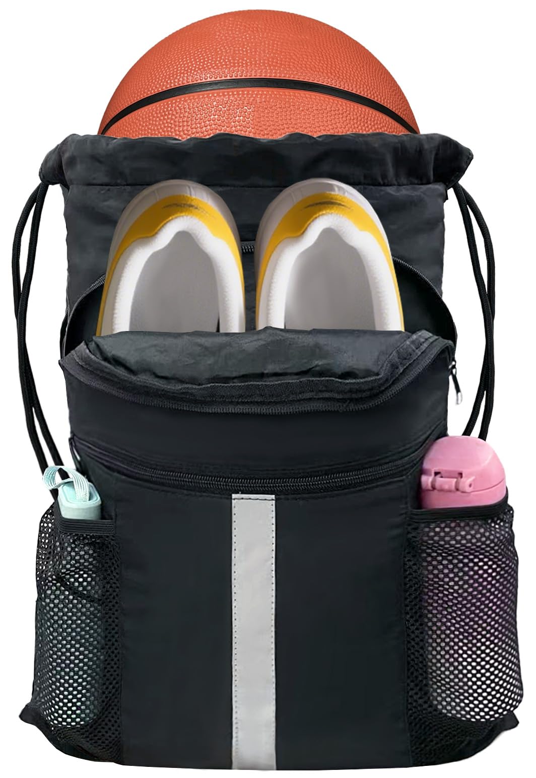 YUHAN PRETTY Drawstring Backpack with Shoes Compartment Waterproof Large String Cinch Beach Pool Bag for Swim Sports Gym(Black)