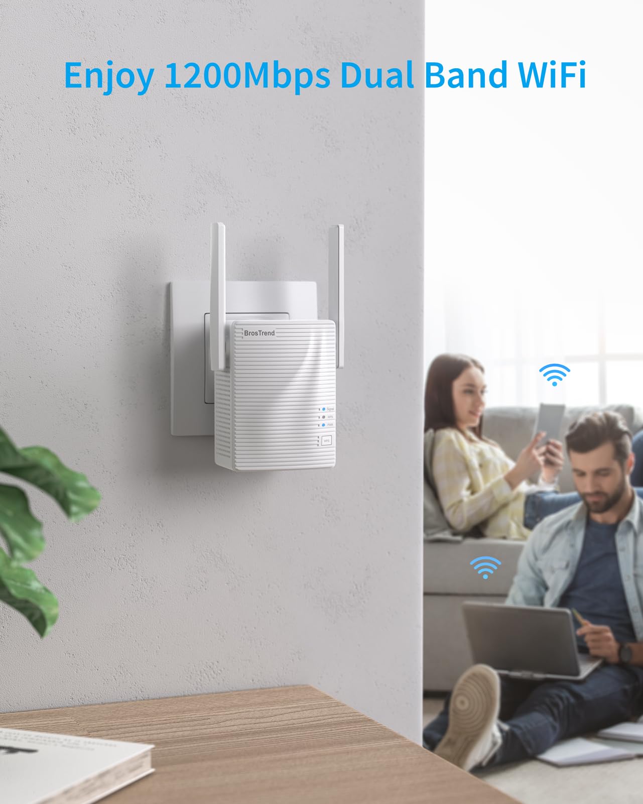 BrosTrend AC1200 DualBand WLAN Verstärker Kompatibel mit Allen WLAN Geräten | 1200 Mbit/s WLAN Repeater für Steckdose, WPS Einfache Einrichtung (Unterstützt Telekom Magenta Entertain TV / Router Nicht)