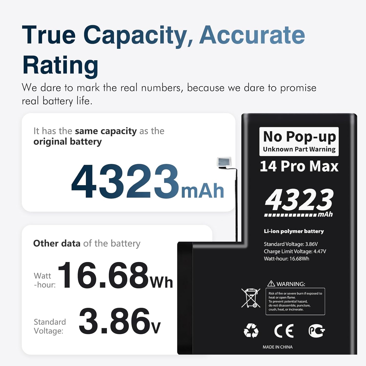 No Pop-up Unknown Part Warning for iPhone 14 Pro Max Diagnostic Battery,Truthfully Rated 4323mAh Capacity Li-Polymer Rechargeable Battery Replacement for iPhone 14 Pro Max with Full Tool Kit