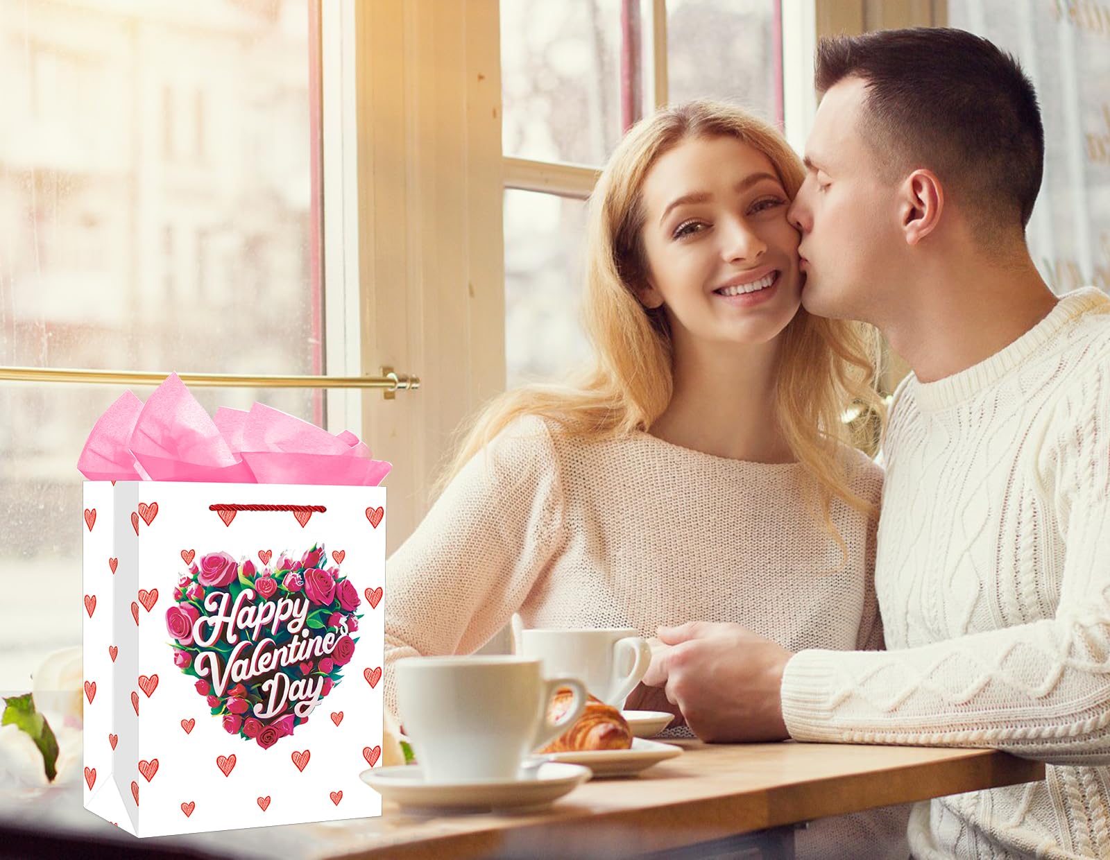 FLYAB Valentine's Day Gift Bag - Large Gift Bag With Tissue Paper Happy Valentine's Day With Handle Romantic Anniversary Wedding Gifts Bags For Her Him Girlfriend Boyfriend Wife Husband Women Men