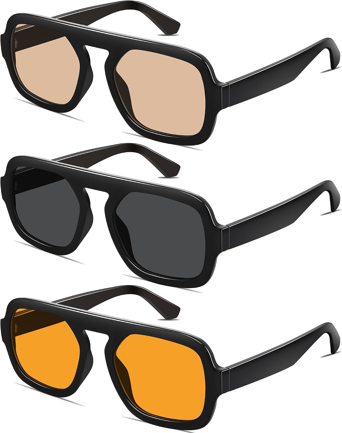 Retro Square Aviator Sunglasses for Women Men 70s Vintage style Shades Trendy Flat Top UV Protection Sun Glasses 3pack (Black/Gray+black/Orange+black/Champagne) color/lenscolor thumbnail 2