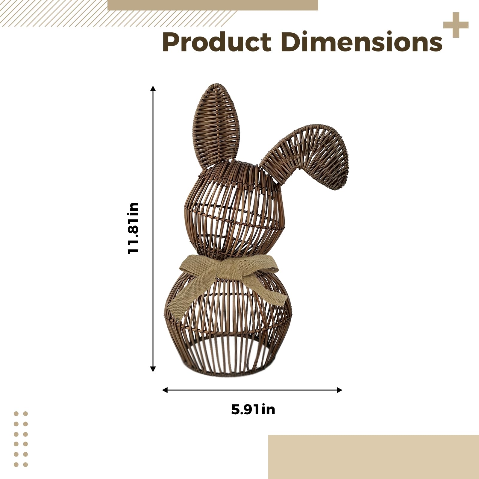 PONDON Cestino pasquale a forma di coniglietto, fatto a mano, in rattan, marrone, 15 x 30 cm, con fiocco in tessuto, temi pasquali, decorazione per la casa