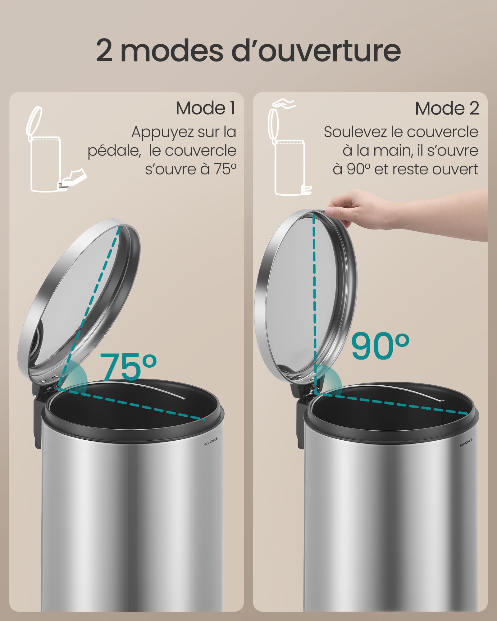 SONGMICS Poubelle 30 L, Rond, avec 15 Sacs Poubelles, Pédales en Métal, Seau Amovible en Plastique, Poignée, Couvercle à Fermeture en Douceur, en Acier Inoxydable, Argent LTB031EZ02