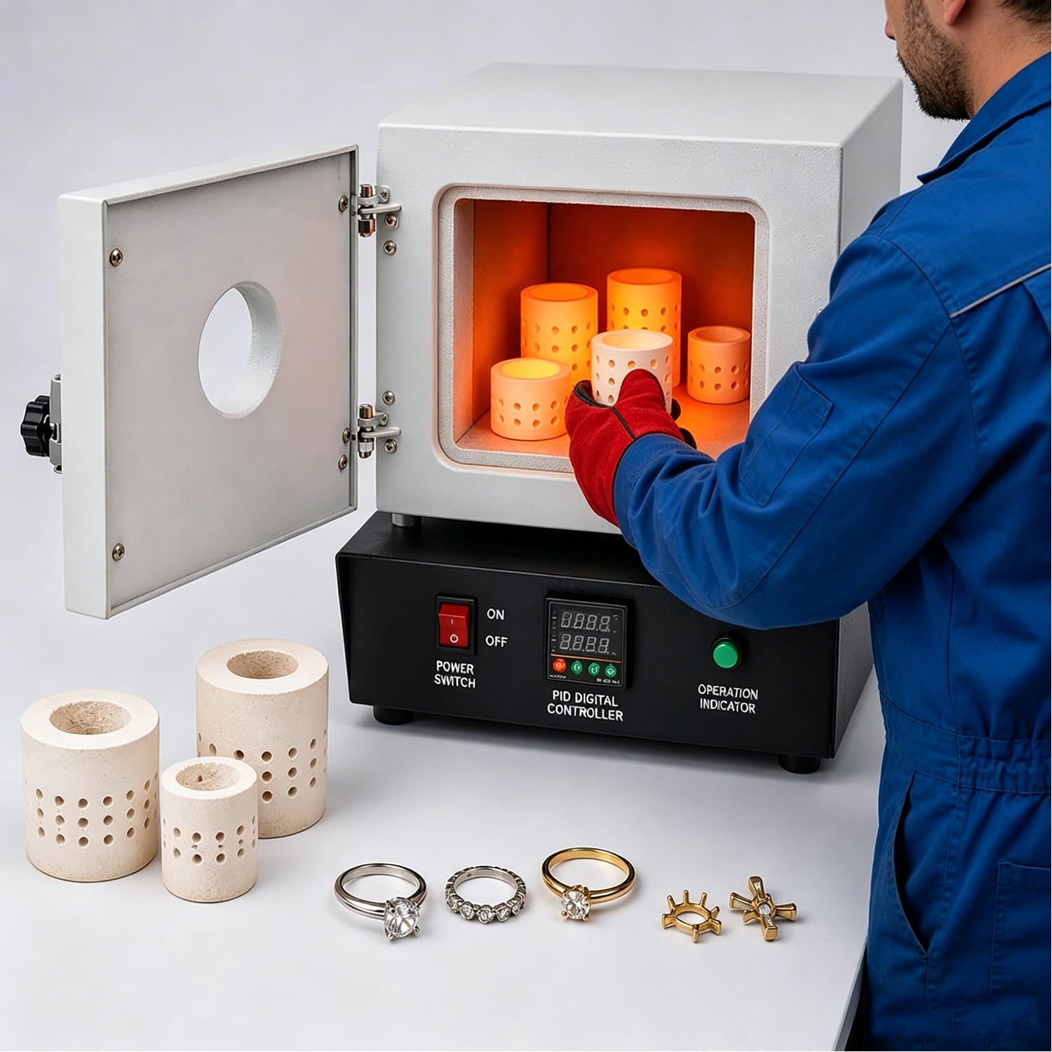 Forno elettrico per ceramica, forno a muffola da 1500 W con PID, 2500 ° F per fusione di vetro, argilla metallica e fusione a cera, include camera in fibra di ceramica, guanti e pinze