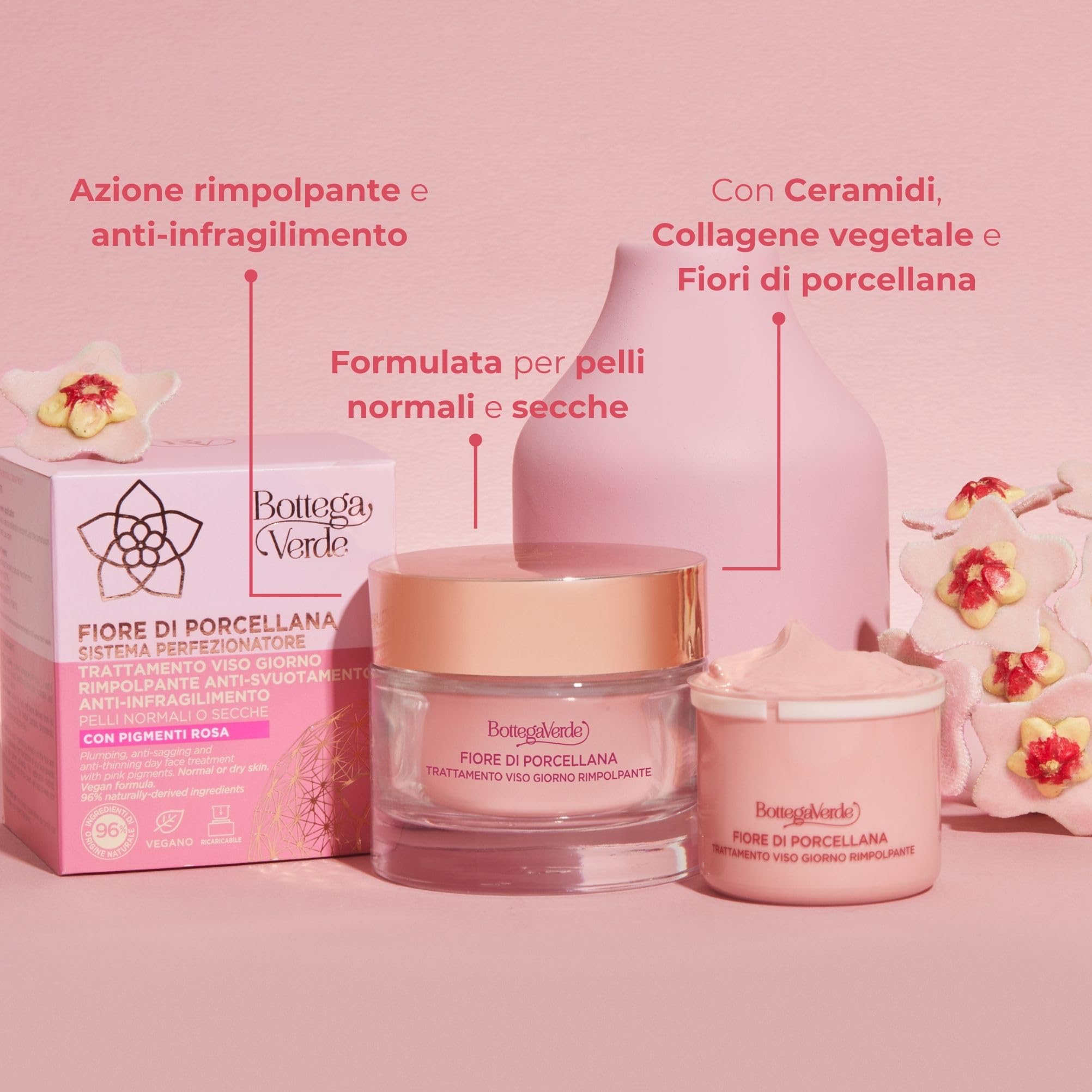 Bottega Verde - Fiore di Porcellana, Crema Viso Antirughe e Antietà, 50 ml, Trattamento Perfezionatore Correttivo Globale, Azione Rimpolpante, Pelli Normali o Secche
