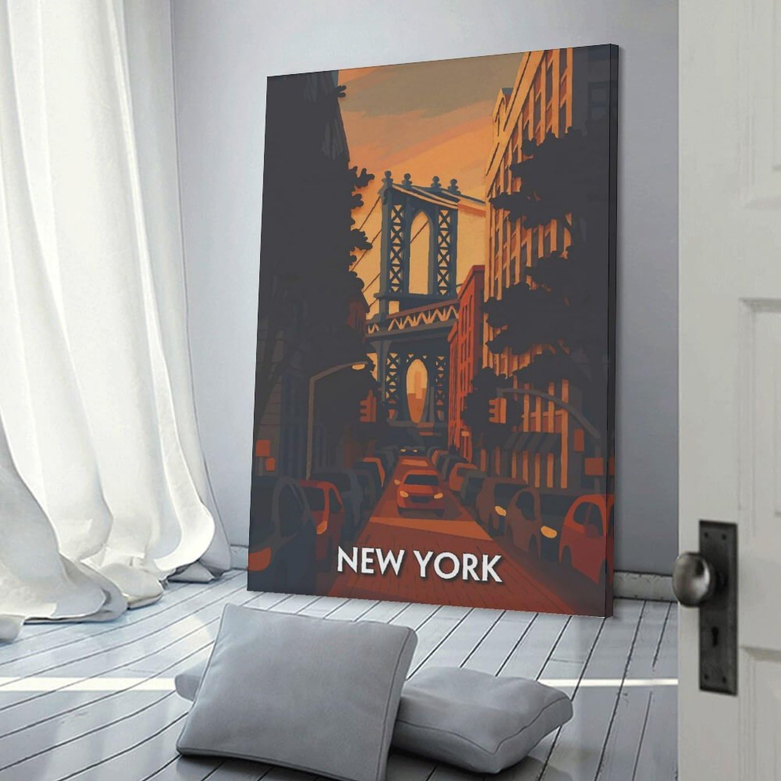 Junmoney New York Cityscape with Manhattan Bridge Canvas Wall Decor, 20x30inch(50x75cm), for Bedroom, Guest Room Or Reading Nook, Canvas Wall Decor for Personal Spaces